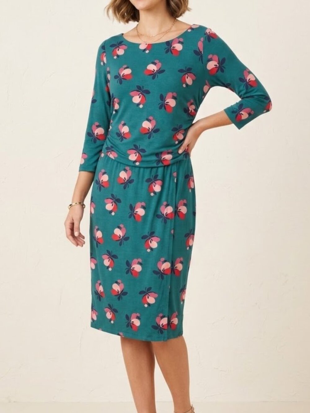 Boden Green Floral Side Gathered Faux Wrap Dress 3/4 Sleeves US 12R Office Chic